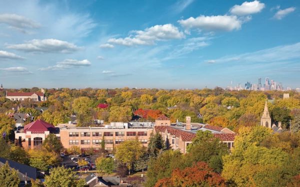 An aerial view of the Mitchell Hamline campus.
